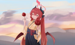 Rule 34 | 1girl, absurdres, black hakama, black horns, blue archive, blush, brown wings, candy apple, closed eyes, demon horns, demon wings, facing viewer, food, grin, hair between eyes, hakama, halo, highres, holding, holding food, horns, japanese clothes, junko (blue archive), junko (new year) (blue archive), kimono, long hair, official alternate costume, red hair, red halo, smile, solo, suecovsky, twintails, wide sleeves, wings, yellow kimono