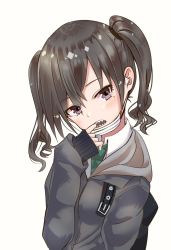 Rule 34 | 1girl, :o, black hair, black jacket, blush, brown eyes, collared shirt, commentary request, finger in own mouth, green necktie, hand up, head tilt, highres, hood, hood down, hooded jacket, idolmaster, idolmaster cinderella girls, jacket, long hair, long sleeves, looking at viewer, mask, mole, mole under eye, mouth mask, necktie, open mouth, ryouta (ryouta335), sharp teeth, shirt, sidelocks, simple background, sleeves past wrists, solo, sunazuka akira, surgical mask, teeth, twintails, upper body, wavy hair, white background, white shirt