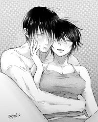 Rule 34 | 1boy, 1girl, 2222m, absurdres, blush, breasts, cleavage, collarbone, couple, fushiguro touji, greyscale, hand on another&#039;s face, hetero, highres, hug, husband and wife, jujutsu kaisen, large breasts, looking at viewer, megumi&#039;s mother (jujutsu kaisen), monochrome, muscular, muscular male, panties, scar, scar on face, scar on mouth, short hair, sitting, smile, spread legs, topless male, underwear