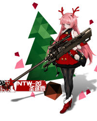 Rule 34 | 1girl, anti-materiel rifle, denel land systems, full body, girls&#039; frontline, gun, highres, left-handed, long hair, ntw-20, ntw-20 (girls&#039; frontline), ntw-20 (xmas reindeer) (girls&#039; frontline), official alternate costume, pantyhose, pink hair, rifle, simple background, sniper rifle, solo, weapon, white background