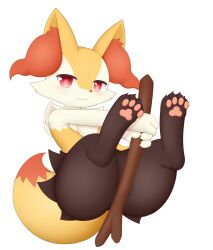 Rule 34 | 1girl, :3, animal ear fluff, animal ears, animal feet, animal hands, animal nose, black fur, blush, braixen, claws, closed mouth, creatures (company), female focus, flat chest, fox ears, fox girl, fox tail, full body, furry, furry female, game freak, gen 6 pokemon, happy, holding, holding stick, kinako (kinako kemono), legs, legs up, looking at viewer, multicolored fur, neck fur, nintendo, outstretched arms, own hands together, pawpads, pokemon, pokemon (creature), red eyes, simple background, sitting, smile, solo, stick, tail, thick thighs, thighs, white background, white fur, yellow fur