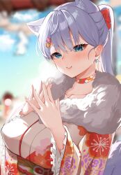 Rule 34 | 1girl, animal, animal ears, bad id, bad twitter id, blue eyes, blush, bow, breasts, choker, closed mouth, collarbone, copyright request, floral print, fur-trimmed kimono, fur trim, furisode, hair behind ear, hair between eyes, hair bow, hair ornament, hairpin, happy, heart, heart hair ornament, highres, japanese clothes, kimono, large breasts, light blush, long hair, long sleeves, looking at viewer, neko no suke (nekoneco118), obi, own hands together, ponytail, print kimono, red bow, sash, smile, solo, upper body