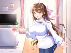 1girl :d absurdres blue_pants blush bow breasts brown_eyes brown_hair couch curtains denim denim_shorts door hair_between_eyes hair_bow highres impossible_clothes impossible_sweater indoors large_breasts leaf living_room long_hair long_sleeves looking_at_viewer mozuya_murasaki non-web_source open_mouth original pants plant potted_plant ribbed_sweater rug shorts sidelocks smile solo sweater television turtleneck turtleneck_sweater white_sweater window