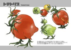 Rule 34 | animal focus, bird, blue eyes, character name, english text, food focus, from side, full body, highres, japanese text, kumakoro (tetsupag), mixed-language text, multiple views, no humans, orange eyes, original, profile, red eyes, simple background, standing, tomato, white background