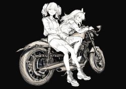 Rule 34 | 2girls, :d, black background, boots, bow, commentary, cross-laced footwear, full body, greyscale, hair bow, hand on own arm, highres, lace-up boots, lm7 (op-center), long hair, long sleeves, looking at viewer, looking back, monochrome, motor vehicle, motorcycle, multiple girls, open mouth, original, pencil skirt, simple background, sitting, sketch, skirt, smile, twintails