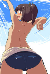 Rule 34 | 10s, 1girl, arm up, ass, blue sky, blush, breasts, brown eyes, brown hair, clenched hand, day, flat chest, hair ornament, highres, i-401 (kancolle), kantai collection, long hair, looking back, off shoulder, one-piece swimsuit, open mouth, ponytail, sakimori dan, sky, smile, solo, swimsuit, tan, topless