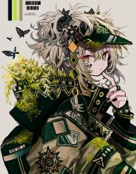 Rule 34 | 1girl, absurdres, azzz (7334080), backpack, bag, barcode, black nails, bracelet, brown eyes, bug, butterfly, expressionless, grey hair, highres, hood, hood down, index finger raised, insect, jacket, jewelry, leaf, long sleeves, looking at viewer, original, plant, print jacket, simple background, solo, twitter username, upper body, white background