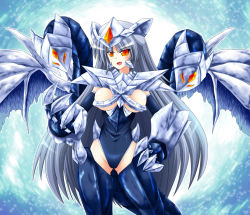 Rule 34 | 1girl, breasts, bunji, claws, commentary request, cowboy shot, dragon girl, dragon wings, duel monster, grey hair, headgear, monster girl, open mouth, orange eyes, personification, solo, trishula dragon of the ice barrier, wings, yu-gi-oh!