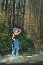 Rule 34 | 1girl, :o, alternate costume, arm up, armpit peek, bare arms, black shirt, blue eyes, blue hair, blunt bangs, blush, breasts, clothes around waist, collarbone, day, denim, fjsmu, forest, grass, hair bobbles, hair ornament, hand in pocket, hand on own forehead, highres, jeans, kawashiro nitori, looking to the side, looking up, nature, no headwear, open mouth, outdoors, pants, shirt, shirt around waist, sleeveless, sleeveless shirt, small breasts, solo, standing, stream, touhou, twintails, wading