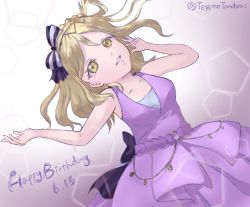 Rule 34 | 1girl, artist name, artist request, back bow, bare legs, bare shoulders, blonde hair, blush, bow, braid, breasts, brown eyes, cleavage, collarbone, crown braid, dress, female focus, gloves, hair bow, hair rings, hop? stop? nonstop!, looking at viewer, love live!, love live! school idol festival, love live! sunshine!!, medium breasts, o-ring dress, ohara mari, parted lips, purple bow, purple dress, purple skirt, short hair, skirt, smile, solo, striped, striped bow, teppanyaki tandoori, tousou meisou mobius loop, white gloves, yellow eyes