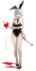 Rule 34 | 1girl, absurdres, animal ears, bare shoulders, between breasts, black footwear, black leotard, bleeding, blood, breast hold, breasts, cleavage, detached collar, dripping, fake animal ears, fishnet pantyhose, fishnets, frown, hairband, heart, highleg, highleg leotard, highres, holding, holding nail, large breasts, leotard, looking at viewer, nail, necktie, original, pantyhose, parted lips, playboy bunny, rabbit ears, red eyes, short hair, simple background, skindentation, solo, standing, star741, white background, white hair, wrist cuffs