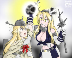 Rule 34 | 10s, 2girls, admiral paru, blonde hair, blue eyes, breasts, bullying, cleavage, crown, dress, iowa (kancolle), kantai collection, large breasts, mini crown, multiple girls, scepter, warspite (kancolle)