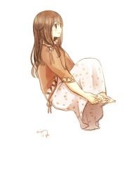 Rule 34 | 1girl, bad id, bad pixiv id, barefoot, blush, brown eyes, brown hair, clarinet (natsumi3230), full body, hands on feet, kurata rine, long hair, simple background, smile, solo, white background