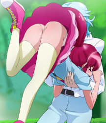 Rule 34 | 10s, 1boy, 1girl, aino megumi, ass, blue (happinesscharge precure!), blue hair, blush stickers, carrying, cross-laced footwear, from behind, happinesscharge precure!, haruyama kazunori, legs, long hair, panties, ponytail, precure, red hair, short hair, thighhighs, underwear, upskirt