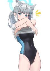 Rule 34 | 1girl, :o, animal ear fluff, animal ears, black one-piece swimsuit, blue archive, blue eyes, breasts, commentary request, covered navel, grey hair, halo, highres, looking at viewer, medium breasts, nanana narang, notice lines, one-piece swimsuit, parted lips, shiroko (blue archive), simple background, solo, swimsuit, swimsuit under clothes, undressing, white background