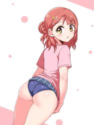 Rule 34 | 1girl, :o, ass, blue panties, blue skirt, clothes lift, commentary, commission, cougar (cougar1404), dutch angle, from behind, hair bun, hair ornament, hairclip, lifted by self, looking at viewer, looking back, love live!, love live! nijigasaki high school idol club, medium hair, miniskirt, open mouth, panties, pink hair, pink shirt, plaid, plaid skirt, shirt, short sleeves, single hair bun, skirt, skirt lift, solo, t-shirt, uehara ayumu, underwear, wedgie, yellow eyes