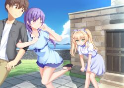 Rule 34 | 1boy, 2girls, ;), angry, arm hug, blonde hair, blue bow, blue dress, blue skirt, blue sky, blush, bow, breasts, brown eyes, brown hair, casual, closed mouth, collarbone, commentary, day, door, dress, dress shirt, eyes visible through hair, feet out of frame, frilled sleeves, frills, green eyes, grey shirt, hair between eyes, hair bow, hair intakes, hair ornament, hand up, high-waist skirt, highres, jealous, jitome, knees together feet apart, large breasts, leaning forward, long hair, looking at another, looking back, low ponytail, mizuori shizuku, multiple girls, official alternate costume, one eye closed, outdoors, puffy short sleeves, puffy sleeves, purple eyes, purple hair, ringed eyes, sandals, shirt, short dress, short hair, short sleeves, skirt, skirt tug, sky, small breasts, smile, soranishi hiro, standing, standing on one leg, summer pockets, takahara hairi, tsumugi wenders, twintails, v-shaped eyebrows, white shirt, wide-eyed, x hair ornament