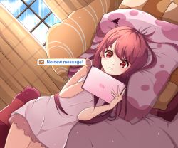 Rule 34 | 1girl, :t, c turtle, character name, cowboy shot, curtains, dutch angle, english text, long hair, lying, nightgown, on bed, on side, pillow, pout, red eyes, red hair, rin (shelter), shelter (song), solo, swept bangs, tablet pc, window