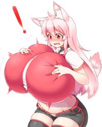 Rule 34 | !, 1girl, ahoge, animal ear fluff, animal ears, black shorts, black thighhighs, blush, borrowed character, breast expansion, grabbing another&#039;s breast, breast suppress, breasts, cowboy shot, crop top, d:, deep skin, female focus, flying sweatdrops, fox ears, fox girl, fox tail, futon7979, gigantic breasts, grabbing, groin, hair between eyes, long hair, looking at breasts, looking down, midriff, motion lines, navel, open fly, open mouth, original, panties, pink hair, red eyes, red shirt, shirt, short shorts, short sleeves, shorts, sidelocks, simple background, skindentation, solo, surprised, sweat, tail, thick thighs, thighhighs, thighs, two-tone shirt, underwear, wavy mouth, white background, white panties, white shirt