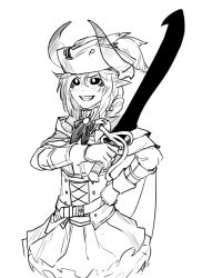 Rule 34 | 1girl, aiko (less), belt, belt buckle, black sclera, blush, buckle, colored sclera, cowboy shot, demon girl, demon horns, feathers, gloves, greyscale, hair between eyes, hand on own hip, hat, hat feather, highres, holding, holding sword, holding weapon, horns, less, monochrome, original, pointy ears, short hair, skirt, smile, solo, sword, teeth, weapon, white background