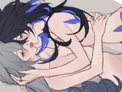 Rule 34 | 2girls, absurdres, black hair, blue eyes, blue hair, blush, breasts, bronya rand, butterfly tattoo, colored inner hair, completely nude, french kiss, from side, grey hair, hand on another&#039;s head, hand on another&#039;s hip, highres, honkai: star rail, honkai (series), hug, kiss, looking at another, medium breasts, mie xing, multicolored hair, multiple girls, nude, saliva, seele (honkai: star rail), small breasts, tattoo, upper body, yuri