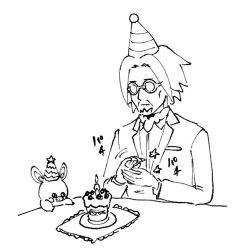 Rule 34 | 1boy, azuko (@zuco), birthday cake, cake, candle, clapping, clavell (pokemon), creatures (company), facial hair, food, game freak, glasses, greyscale, hat, mature male, monochrome, nintendo, party hat, pawmi, pokemon, pokemon (creature), pokemon sv, round eyewear