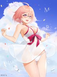 Rule 34 | 1girl, :d, ahoge, black-framed eyewear, blue sky, bow, breasts, cleavage, cloud, day, dress, fate/grand order, fate (series), floating hair, glasses, highres, large breasts, mash kyrielight, official alternate costume, open mouth, outdoors, panties, petals, pink hair, purple eyes, red bow, short hair, side-tie panties, sideboob, sky, sleeveless, sleeveless dress, smile, solo, standing, sundress, underwear, white dress, white panties, yueguang zhanglang