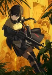 6+girls absurdres agent_(girls&#039;_frontline) aircraft armband assault_rifle asymmetrical_legwear banana_(girls&#039;_frontline) black_coat black_gloves black_hair black_necktie black_skirt black_socks black_thighhighs brown_eyes closed_mouth coat commentary dinergate_(girls&#039;_frontline) double_bun english_commentary eyepatch girls&#039;_frontline gloves gun hair_bun headphones headphones_around_neck helicopter highres holding holding_gun holding_weapon knee_pads m16a1_(boss)_(girls&#039;_frontline) m16a1_(girls&#039;_frontline) m4_carbine m4_sopmod_ii_(girls&#039;_frontline) m4_sopmod_ii_(mod3)_(girls&#039;_frontline) m4a1_(girls&#039;_frontline) m4a1_(mod3)_(girls&#039;_frontline) maid_headdress manticore_(girls&#039;_frontline) multicolored_hair multiple_girls necktie non-humanoid_robot off_shoulder open_clothes open_coat orange_armband orange_hair parted_lips rifle robot scar scar_across_eye shirt skirt socks st_ar-15_(girls&#039;_frontline) streaked_hair thighhighs two-tone_hair uneven_legwear vegetation weapon yao_yang yellow_shirt