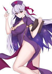 Rule 34 | 1girl, absurdres, ass, bare legs, blush, breasts, broken heart, cleavage, clipboard, colored inner hair, dress, earrings, fate/grand order, fate (series), feet out of frame, grey hair, hair ribbon, hat, heart, highres, holding, holding clipboard, holding syringe, jewelry, kama (fate), large breasts, mergerri, multicolored hair, no panties, nurse cap, parted lips, pelvic curtain, purple dress, purple hair, purple ribbon, red eyes, ribbon, short sleeves, simple background, solo, syringe, white background