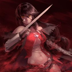 Rule 34 | 1girl, bandaged arm, bandages, black hair, black shorts, blood, blood on face, breasts, cleavage, closed mouth, floating hair, frown, hair between eyes, hair over shoulder, highres, long hair, looking at viewer, medium breasts, midriff, navel, orange eyes, short shorts, shorts, signature, solo, stomach, tales of (series), tales of berseria, torn clothes, torn shorts, ubo (ubo tales), velvet crowe, very long hair
