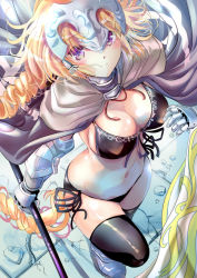Rule 34 | 1girl, armor, bikini, black bikini, black thighhighs, blonde hair, breasts, cape, cleavage, drill hair, fate/apocrypha, fate (series), from above, front-tie bikini top, front-tie top, gauntlets, headpiece, holding, holding polearm, holding spear, holding weapon, jeanne d&#039;arc (fate), jeanne d&#039;arc (ruler) (fate), large breasts, long hair, looking at viewer, navel, ogata tei, polearm, purple eyes, side-tie bikini bottom, smile, solo, spear, swimsuit, thighhighs, very long hair, weapon