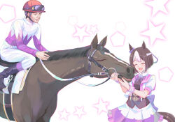 Rule 34 | 1boy, 1girl, animal ears, black footwear, bodice, bow, bridle, brown hair, closed eyes, commentary, creature and personification, cropped jacket, ear bow, googles on head, helmet, highres, horse, horse ears, horse girl, horse tail, jacket, long sleeves, multicolored clothes, multicolored hair, multicolored jacket, neck ribbon, nguyen tam lee, open clothes, open jacket, pants, pants tucked in, puffy short sleeves, puffy sleeves, purple bow, purple ribbon, purple shirt, racing colors, real life, reins, ribbon, saddle, shirt, short hair, short sleeves, skirt, special week (racehorse), special week (umamusume), tail, take yutaka, two-tone hair, two-tone jacket, two-tone shirt, umamusume, waist bow, white hair, white pants, white shirt, white skirt