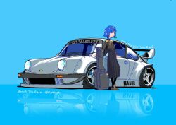 Rule 34 | 1girl, artist name, blue background, blue hair, bocchi the rock!, car, d. wang, grass, guitar case, hair ornament, instrument case, leaning against vehicle, leaning on object, long skirt, looking to the side, mole, mole under eye, motor vehicle, neck ribbon, pantyhose, porsche, porsche 911, porsche 930, reflection, ribbon, shirt, shoes, short hair, skirt, sneakers, vehicle focus, yamada ryo, yellow eyes