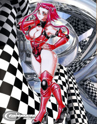 Rule 34 | 1girl, biker clothes, bikesuit, bodysuit, boots, breasts, cleavage, elbow gloves, female focus, fingerless gloves, full body, gloves, hand on own hip, high heels, hip focus, izayoi aki, jadenkaiba, knee boots, large breasts, legs, leotard, looking at viewer, red eyes, red hair, short hair, skin tight, solo, standing, swimsuit, thighs, turtleneck, yu-gi-oh!, yu-gi-oh! 5d&#039;s, zipper