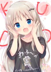 Rule 34 | 1girl, :d, arms up, bat hair ornament, black shirt, blue eyes, blush, clothes writing, collarbone, commentary request, fang, hair ornament, hands on own cheeks, hands on own face, head tilt, heart, heart in eye, kud wafter, light brown hair, little busters!, long hair, maruma (maruma gic), noumi kudryavka, open mouth, print shirt, shirt, short sleeves, signature, smile, solo, symbol in eye, translation request, very long hair