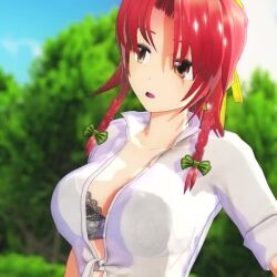 Rule 34 | 1girl, 3d, animated, bra, breasts, brown eyes, clothes pull, hong meiling, large breasts, looking at viewer, medium breasts, mofumoko5, open clothes, red hair, seductive smile, smile, solo, teasing, thighs, touhou, underwear, upper body, video