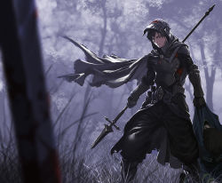 Rule 34 | 2boys, armor, black hair, blood, blurry, blurry foreground, cape, commentary request, dragging, fantasy, helmet, male focus, mayumio88, multiple boys, original, outdoors, partisan (weapon), pixiv fantasia, pixiv fantasia fallen kings, polearm, red eyes, solo focus, visor (armor), weapon