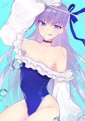 Rule 34 | 1girl, air bubble, bare shoulders, blue background, blue eyes, blue ribbon, blush, breasts, bubble, choker, closed mouth, collarbone, fate/grand order, fate (series), frills, hair ribbon, hand up, highleg, highleg swimsuit, highres, licking lips, long hair, long sleeves, looking at viewer, meltryllis, meltryllis (fate), meltryllis (swimsuit lancer) (fate), meltryllis (swimsuit lancer) (second ascension) (fate), off-shoulder one-piece swimsuit, off shoulder, one-piece swimsuit, puffy sleeves, purple hair, ribbon, sirom, sleeves past fingers, sleeves past wrists, small breasts, smile, solo, sparkle, swimsuit, tongue, tongue out, very long hair, white ribbon