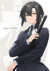 Rule 34 | 1girl, black hair, english text, formal, happy birthday, height difference, highres, holding, holding sword, holding weapon, katana, mole, mole under eye, necktie, original, sheath, sheathed, shiroyama soh, short hair, smile, solo, suit, sword, weapon, white background, yellow eyes