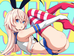 Rule 34 | 1girl, absurdres, ass, black neckerchief, black panties, blonde hair, elbow gloves, gloves, hairband, highleg, highleg panties, highres, kantai collection, long hair, looking at viewer, microskirt, neckerchief, open mouth, panties, sailor collar, school uniform, serafuku, shimakaze (kancolle), skirt, solo, striped clothes, striped thighhighs, thighhighs, thong, tussy, underwear, white gloves