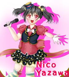Rule 34 | 1girl, artist name, artist request, black hair, black hat, black skirt, black vest, blush, bow, collared shirt, dress, female focus, food, fruit, gloves, hair bow, half gloves, hat, highres, holding, holding microphone, kano chan 111, long hair, looking at viewer, love live!, love live! school idol festival, love live! school idol project, macaron, microphone, mini hat, parted lips, polka dot, polka dot skirt, puffy short sleeves, puffy sleeves, red dress, red eyes, red shirt, shirt, short hair, short sleeves, shorts, skirt, smile, solo, sprinkles, strawberry, striped clothes, striped thighhighs, thighhighs, twintails, vest, white bow, white gloves, yazawa nico, yellow bow, yellow shorts