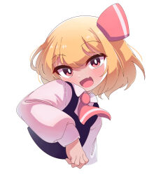 Rule 34 | 1girl, ascot, black vest, blonde hair, collared shirt, fang, hair ribbon, highres, long sleeves, looking at viewer, open mouth, oyatu potage, red ascot, red eyes, red ribbon, ribbon, rumia, shirt, short hair, simple background, skin fang, solo, touhou, upper body, vest, white background, white shirt