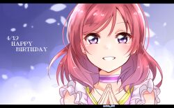 Rule 34 | 1girl, blush, choker, collarbone, dress, earrings, frilled dress, frills, happy birthday, jewelry, letterboxed, looking at viewer, love live!, love live! school idol project, medium hair, necklace, nishikino maki, own hands together, parted lips, petals, portrait, purple choker, purple dress, purple eyes, ririn (ririn 501), smile, solo