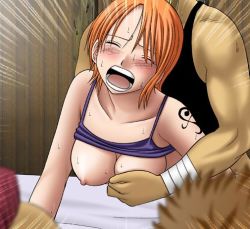 Rule 34 | 1girl, bed, bent over, grabbing another&#039;s breast, breasts, clothed sex, crimson comics, covered erect nipples, closed eyes, grabbing, large breasts, nami (one piece), nipples, no bra, one piece, open mouth, orange hair, rape, screaming, sex, sweat, vaginal