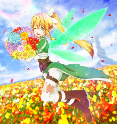 Rule 34 | 10s, 1girl, 2mota, blonde hair, boots, bouquet, brown footwear, flower, green eyes, hair ribbon, highres, holding, knee boots, leafa, long hair, looking at viewer, one eye closed, open mouth, outdoors, pointy ears, ponytail, ribbon, see-through, shorts, solo, sword art online, thighhighs, white ribbon, white shorts, white thighhighs, wings