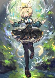 Rule 34 | animal ear fluff, animal ears, bird, black footwear, blonde hair, blue necktie, blush, breasts, bug, butterfly, capelet, commentary, duck, eyebrows, fang, frilled skirt, frills, gold trim, green eyes, green nails, hairband, high-waist skirt, highres, insect, layered skirt, leaf, leg up, lion ears, lion tail, mamuru, medium breasts, nail polish, nature, necktie, on head, open mouth, original, outdoors, puffy sleeves, ribbed legwear, short hair, skirt, smile, solo, squirrel, suspender skirt, suspenders, tail, thighhighs, underbust