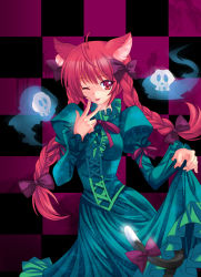Rule 34 | 1girl, :p, ahoge, animal ears, bad id, bad pixiv id, braid, cat ears, cat girl, cat tail, checkered background, clothes lift, dress, dress lift, female focus, floating skull, green dress, kaenbyou rin, long hair, one eye closed, pico (picollector79), red eyes, red hair, solo, tail, tongue, tongue out, touhou, twin braids, twintails, very long hair, wink