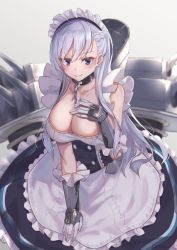 Rule 34 | 1girl, azur lane, belfast (azur lane), blue eyes, blush, braid, breasts, chain, cleavage, collar, collarbone, commentary request, french braid, gloves, large breasts, long hair, looking at viewer, maid, maid headdress, razaria, silver hair, smile, solo, turret
