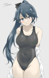 Rule 34 | 1girl, alternate costume, artist name, black eyes, black hair, black one-piece swimsuit, blush, breasts, collarbone, competition swimsuit, cowboy shot, dated, gakky, gradient background, highres, houshou (kancolle), kantai collection, legs together, long hair, looking at viewer, medium breasts, one-piece swimsuit, pink background, ponytail, smile, standing, swimsuit