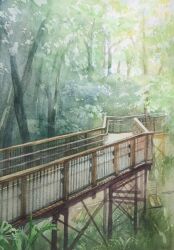 Rule 34 | bush, day, forest, grass, highres, nature, no humans, original, painting (medium), plant, railing, scaffolding, scenery, sunlight, tall grass, tlctm7h8wdwnthx, traditional media, tree, watercolor (medium)